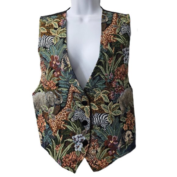 Jungle Tapestry Suit Vest Top S M L Elephant Zebra Giraffe Tiger Vintage 90s - Picture 3 of 6